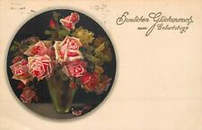 Still life with roses vase 1917 Birthday greetings postcard picture