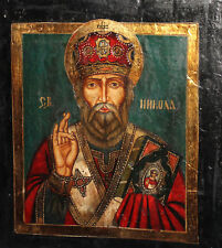 Vintage hand painted tempera/wood icon Saint Nicholas picture