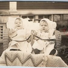 c1910 Cute Babies in Wicker Stroller RPPC Chair Laugh Smile Twins? Adorable A192 picture