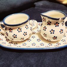 Boleslawiec Handmade Polish Pottery Vintage Daisy Dots Cream & Sugar Set picture
