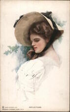 1911 Harrison Fisher Woman in White: Reflections Antique Postcard 1c stamp picture