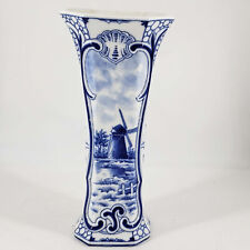 Antique Signed Delfts Blue White Hand Painted Windmill Shell Vase Vintage picture