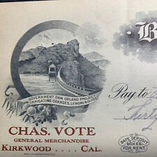 1916 Bank Check Of Orland California Dam Vignette Gen Merch Kirkwood California picture