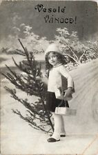 C.1910s Czech Language Christmas Adorable Girl Child W Tree Snow Postcard  A117 picture
