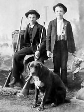 ANTIQUE HUNTING REPRO 8X10 PHOTO 2 YOUNG HUNTERS WITH DOG AND PRAIRIE CHICKEN picture