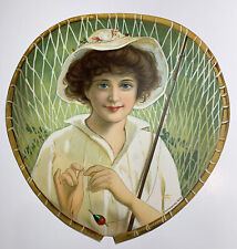 Stunning 1909 Beautiful Lady Fishing Net Rod Adv Fan Sign Buffalo New York Minty picture