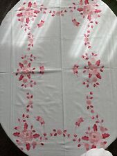 Vintage Hand Embroidered Applique Large Tablecloth Pink Flowers Cottage 50 X 68 picture