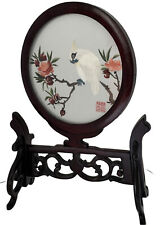VTG ASIAN FRAME EMBROIDERY SWIVEL STAND WHITE COCKATOO BIRD BRANCH PEONY BOX ART picture