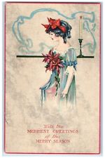 c1910's Merriest Greetings Pretty Woman Poinsettia Flowers Volland Postcard picture