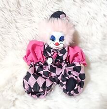Vintage Porcelain Head Clown Doll Figurine w/ Bean Bag Body Pink Hair & Outfit picture