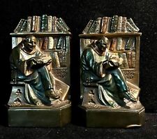 Vintage Pair Bronze/Chalkware Monk Reading Book  Bookend 4”x 2.8