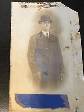 Vintage RPPC real photograph postcard Man overcoat derby hat distinguished picture