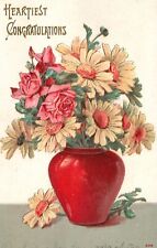 Heartiest Congratulations Greetings Flowers In Red Vase Vintage Postcard 1912 picture