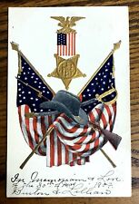 1907 American Patriotic Embossed Postcard Flag Star Rifle Sword  picture