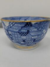 Antique Transferware New Hall Gold Edged Blue and White Handless Porcelain Cup  picture