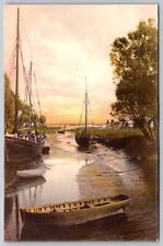 Antique c. 1900 Skiffs Boats Low Tide Canal France painting printed on Card picture