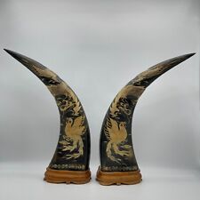 Mid Century Carved Natural Water Buffalo Horns with a Phoenix and a Dragon picture