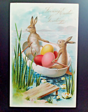 1907 Raphael Tuck Loving Easter Greetings Postcard Rabbits Egg Boat Unused picture
