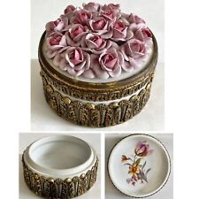 German ELFINWARE Porcelain 'Pink' Rose & Ormolu Dresser Box w/Lid, 3-3/4