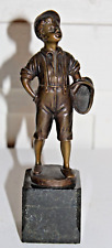 Signed Antique Bronzed Statute of Young Man Boy with Basket Marble Plinth picture