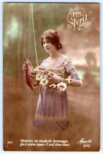 RPPC GIRL PINK DRESS FISH HANDCOLOR POISSON D'AVRIL APRIL FOOLS FRENCH POSTCARD picture