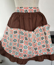 Vintage Handmade Cotton Apron With Pockets Pleated Brown Pink Teal - As Is picture