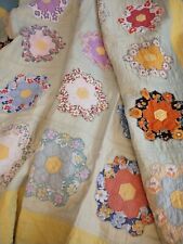 Vintage 30-40s Grandmothers Flower Garden Quilt Hand Stitched Mint Green Yellow picture