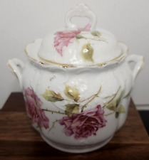 Vintage SILESIEN Porcelain China Lidded Sugar Bowl Flowers Pink Roses Gold Trim picture