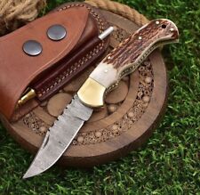 AB CUTLERY CUSTOM HANDMADE DAMASCUS FOLDING KNIFE HANDLE BRASS AND STAG ANTLER picture