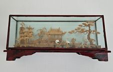 Vintage Chinese Hand Carved Cork Diorama with birds Framed Glass Wood picture