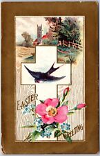 1909 Easter Greetings Crucifix Landscape Flower Bouquet Posted Postcard picture