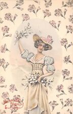 Victorian Easter~Elegant Lady~Egg Oval~Falling Flower Back~Pussy Willows~Artist picture