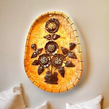 Vintage Coconut Shell Floral Wall Hanging Flowers On Wicker Basket 70s Boho Wall picture