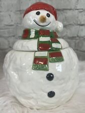 VINTAGE 1988 HOMCO Snowman Cookie Jar Vintage Red White Green Ceramic 2pc picture