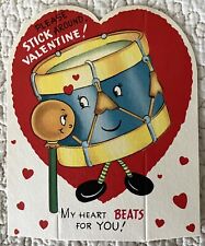 Unused Valentine Drum Beat Stick Anthropomorphic Vtg Greeting Card 1950s 1960s picture