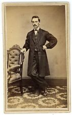 Antique CDV c1860s Pine & Bell Handsome Dashing Man Mustache Long Coat Troy, NY picture