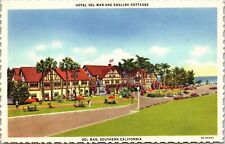 Hotel Del Mar English Cottages Souther California Linen Scalloped Postcard VTG picture