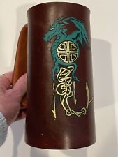 Vintage Handmade Real Leather Wood Bottom Mug Dragon Mystical Mythic Renaissance picture