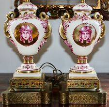 PAIR ANTIQUE FRENCH SEVRES STYLE LAMPS VASES “MEDUSA” CHAMPLEVE STANDS picture