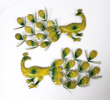 Vintage Metal Peacock Pair Tin Wall Hangings yellow Green Mid Century Sculpture picture