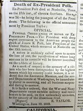 1849 newspaper with DEATH of EX-PRESIDENT JAMES KNOX POLK in NASHVILLE Tennessee picture
