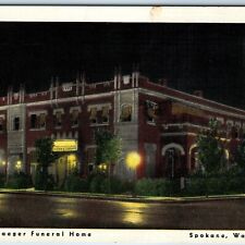 c1940s Spokane, WA Glowing Lights Night View Hazen & Jaeger Funeral Home PC A226 picture