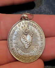 1877, ANTIQUE CHRISTIAN RELIGIOUS MEDAL Wounded heart of MARY SILVER PENDANT picture