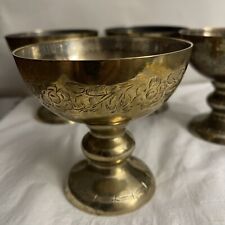 Set of 4 Vintage Etched Brass Footed Goblets Bowls Patina Made in India picture