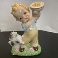 Vintage Boy Holding Food Bowl Away From Dog Figurine Japan  picture