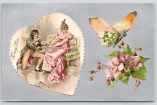 Valentine~Elegant Man on Bended Knee~Pretty Lady in Heart~Butterfly~Silver 1905 picture