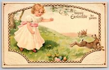 Easter~Dainty Girl Chases Rabbits~Colored Eggs in Meadow~Embossed Inset~Germany picture