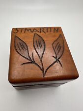 vintage miniature trinket box Wood Hand Carved Plants Square 3x3x2.25” picture