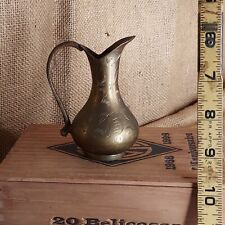 Vintage Mid Century Miniature Brass Pitcher Vase Etched Flowers Warm Patina 3