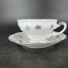 Vintage Fine Bone China Tea Cup & Saucer Rosette Japan White Silver Trim Floral picture